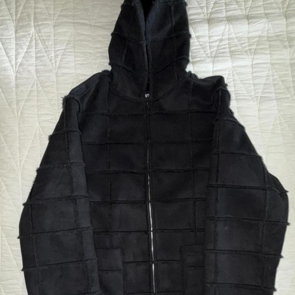 Supreme Faux Shearling Patchwork Hooded Jacket Black Full Zip Mens Large L